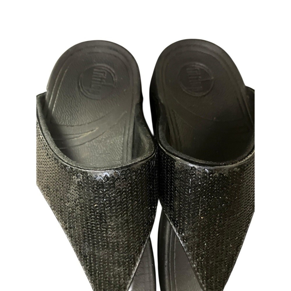FitFlop Lulu Glitter Sandals Thong Flip Flop Wedge Slip On Black Womens Size 8 - Picture 4 of 10